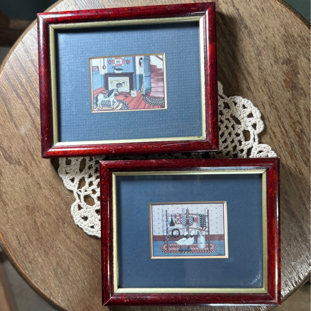 Vintage Pat Pearson Mini Framed Folk Art Prints Pair Cottagecore Country Geese